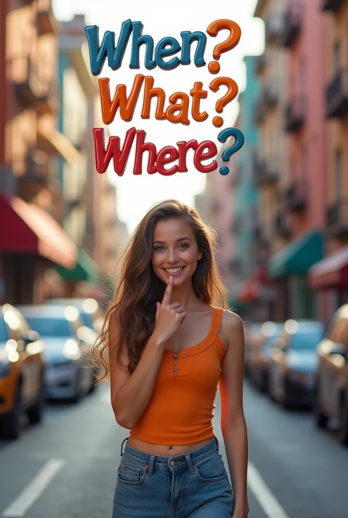 Beautiful stylish, fashionable girl,dressed in jeans, looking at the viewer with a questioning expression on her face, questioningly, smiling , funny with a question when,what where,? Pointing with her finger, pointing up at the inscription,3d, a high resolution, photo realistic, 8k, depth of field,