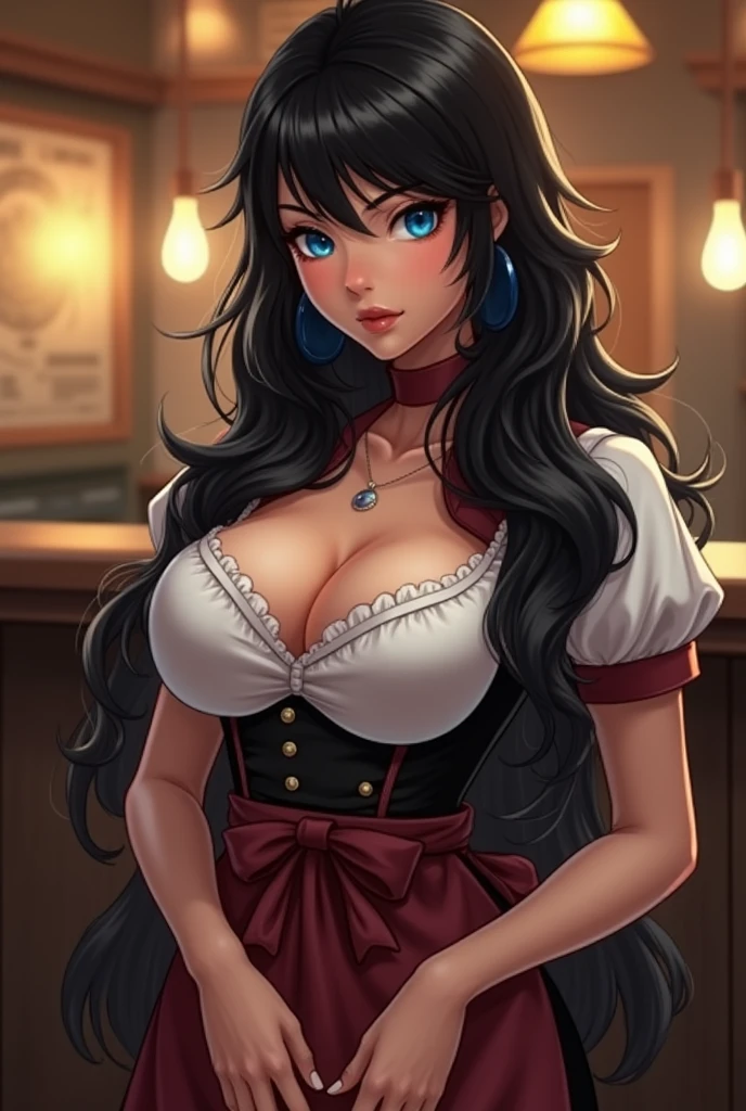 NSFW Long hair girl, black in color, blue colored eyes. with huge breasts, slim with hips and ass, no belly. dressed as a waitress