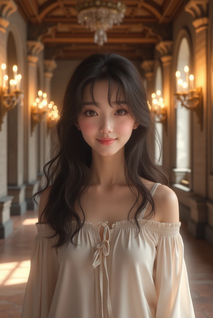 best quality, face focus, soft light, (depth of field) ,ultra high res, (photorealistic:1.4), RAW photo, (portrait:1.4) ,(from front)
1japanese girl, solo, cute, (shy, smile:1.1), (brown eyes), detailed beautiful face, (midi_hair),
The Great Hall of a European Castle, walking,
(off shoulder shirt)