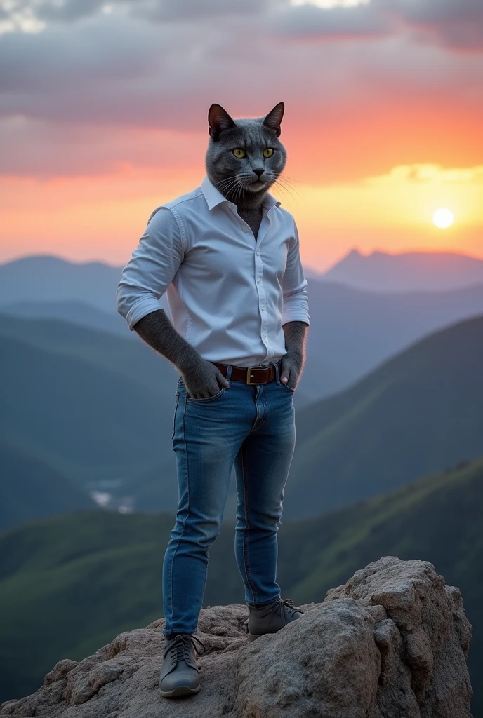 The gray kitten dressed in white shirt and blue jeans grown into a strong, confident cat, standing on a mountaintop, symbolizing triumph and fulfillmen