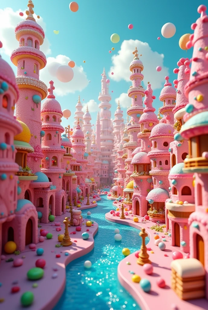 The city is made of cake boxes and candy, liquid flows all over the city, sweetness, happiness, big scenes, looking up at the camera, movie sense, super-reality, super-detail, 3D,16K