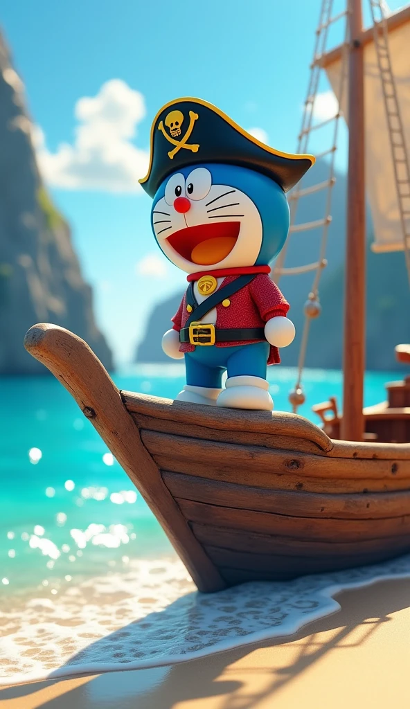 Doraemon in black hat pirate costume, black and red suit. Standing on the boat with the treasure chest looking at the island. 3d