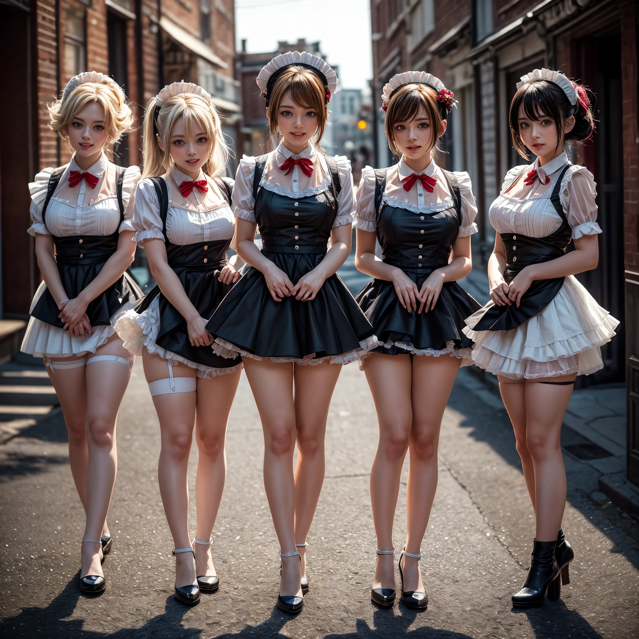 (Full Body of Extremely Detailed((Kawaii Maid Group in a row:1.37))), Cute perfect face, Reflective Eyes, Detailed(Delicate Clothing textures), Correct Leg Line, Dynamic Joyful Expressions LifeLike Rendering, Specular Reflection, TopQuality 8K Ultra-detailed masterpiece (ProfessionalPhoto:1.37), (Acutance:0.8), (Luminism:1.28), (Renaissance art style), Colorful Light particles, ((Full body from side)), {MicroMini Skirt|Kissing|Breast Lifting|Undressing|Thigh Gap|AssFocus}, Radiant Fine Skin with Transparency, (Exposed:0.5), (Different types of Anime hair color){Pink Hair|Blue Hair|Platinum Blonde|Pure White Hair|Liquid Hair}, Perfect Lighting