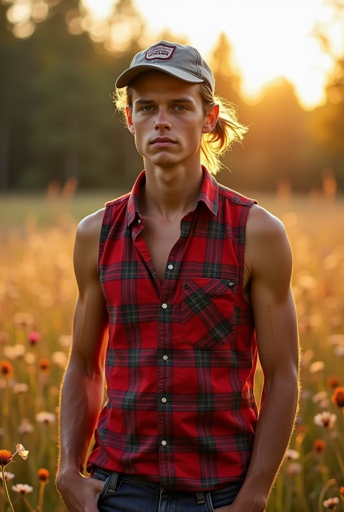 Realistic Portrait, Skinny redneck young man, ponytail, cap, red plaid sleeveless shirt, outdoors,