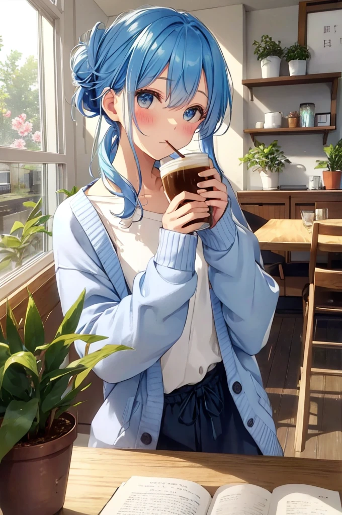 and, coffee, Cafe, table, Messy bun, straw, sunlight, window, comfortably, Calm, Floral, beautiful, pastel, 人生のひandこま, relaxation, morning, leisure, Calm, Warm atmosphere, vapor, Calm, dream, Fragrant, Latte Art, Book, Potted plants, Cherry tree, blush, consider, kind, delicate, Whimsical, Blue Hair, cardigan, Wave motif pattern