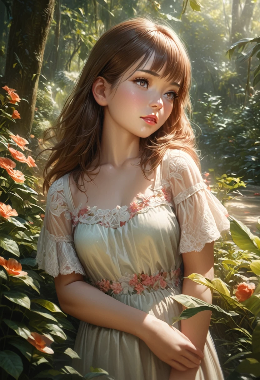 A young girl, beautiful detailed eyes, beautiful detailed lips, extremely detailed face and features, long eyelashes, cute expression, flowery dress,  frame, standing in a lush garden, sunlight filtering through the trees, vibrant colors, serene atmosphere, (best quality, 4k, 8k, highres, masterpiece:1.2), ultra-detailed, (realistic, photorealistic, photo-realistic:1.37), soft lighting, warm color palette, delicate and whimsical, fantasy style