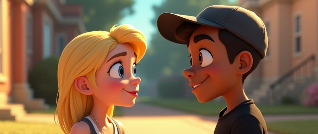 ( male character) a young boy animated film in the Disney Pixar style, high qualiy, best quality , pretty face dark skin, short and straight hair , beautiful eyebrow , wears black shirt , wears a cap backwards, he is talking to a beautiful attractive blonde girl , blue eyes Branca pink mouth , in the neighborhood , he is desperate and she is surprised