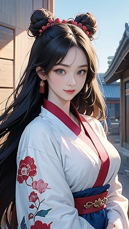 ( High resolution、 Super detailed)、masterpiece、Highest quality、High resolution、8k、Detailed Anime、Buildings from the Tang Dynasty、Tang Dynasty China、Tang Dynasty China、Young and beautiful woman、Beautiful Face、Beautiful Face、Pretty lips、Hanfu、(whole body)、Hair styled in a bright-colored round bun、Smiling eyes、Walking、Cowboy Shot、background、Buildings from the Tang Dynasty、Chang'an during the Tang Dynasty in China、Plum blossom、Detailed CG、