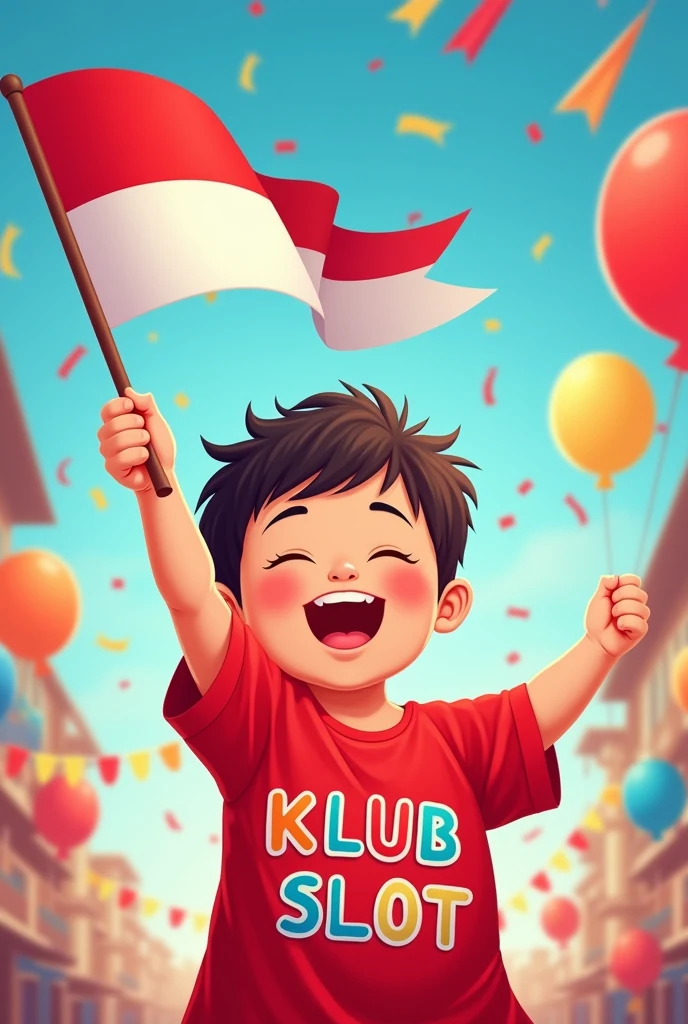 Indonesian independence celebration banner with illustration of a small child with a flag name "KLUBSLOT" written on his shirt