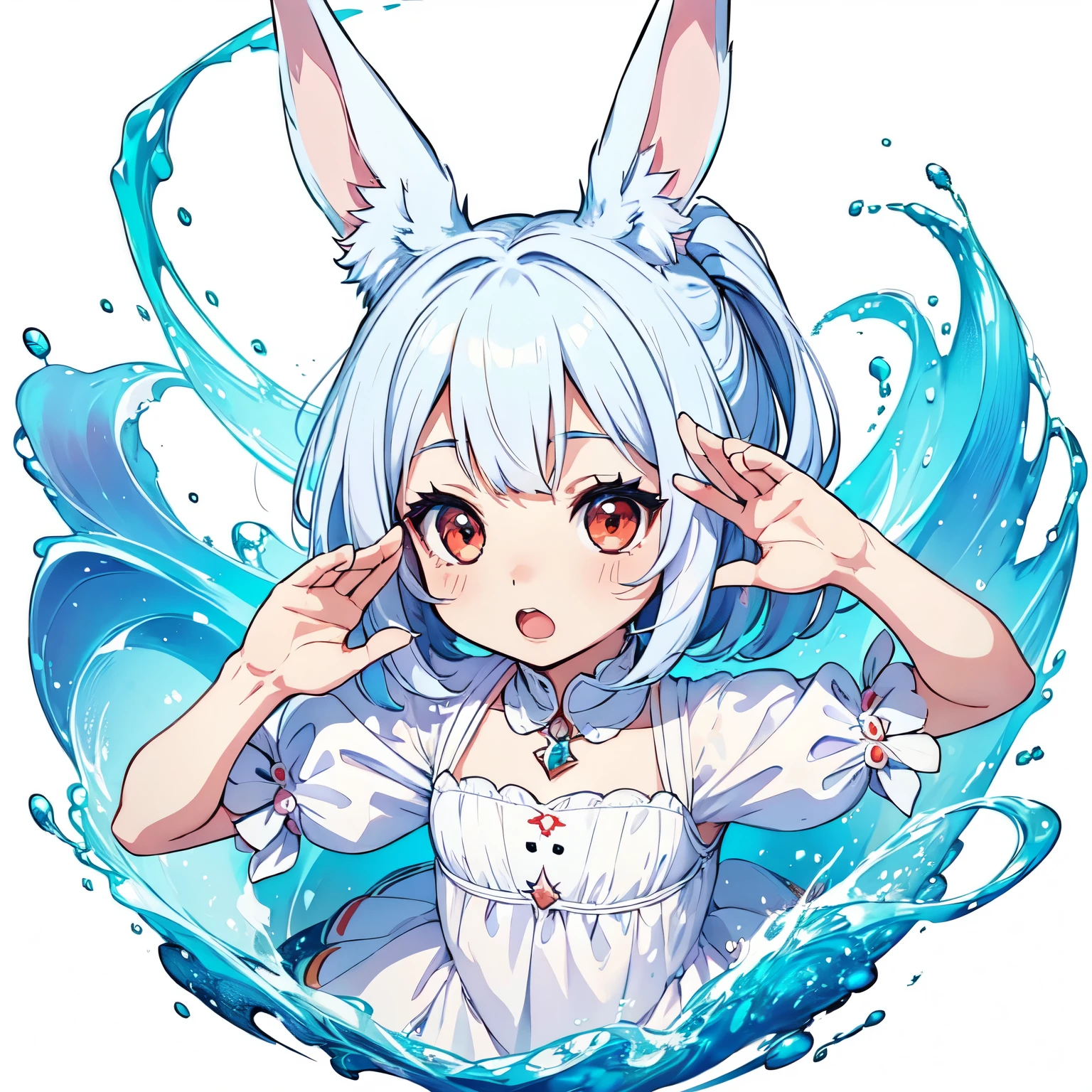 anime style, cute small white rabbit, ((salute and open mouth))), 1girl, (((chibi))), red eyes, tall ears, bob hairstyle, large face, short stature, wearing a light blue dress, (best quality,4k,8k,highres,masterpiece:1.2), intricate details,highly detailed,exquisite,stunningly beautiful,vibrant colors,soft lighting,fantasy,magical realism,((white background)) (simple background),