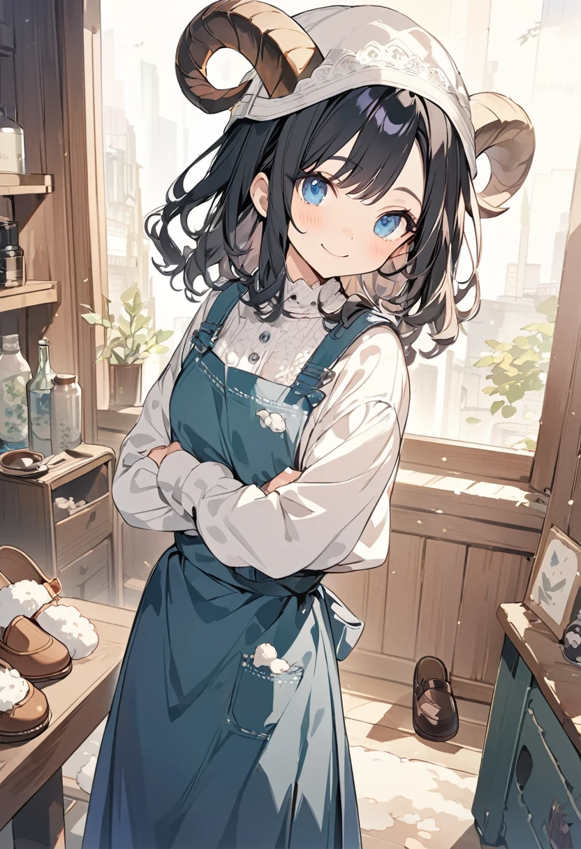 ((best quality, high resolution)), (delicate illustration), (pastelcolor style illustration:0.9), (watercolor style illustration:0.4), ((beautiful:1.3)), 4k, (A girl White wool hat with ram's horns, long black hair, blue eyes, white blouse, navy blue apron skirt, brown wooden shoes, smiling face,1.4), anime visual, (tilt head:1.3), Cute, Kawaii, Masterpiece, Detailed Drawing, Illustration, Official Art