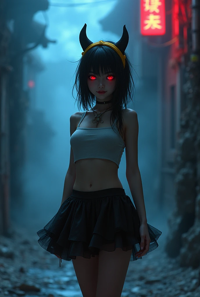 A girl in a short skirt that stank of Grim the Reaper had hair that resembled black devil horns Wear a yellow headband It had blood red eyes and a kitten-like smile