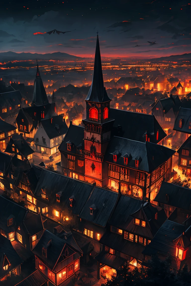 old European village shot with bird view, (Red glowing eyes), masterpiece, Depth of written boundary, Lutz, Gwaites style artwork, Gothic aesthetics, Dark Vampire village, ((in the dark gothic style cathle:1)), ((dark mid-night time:1.5)),