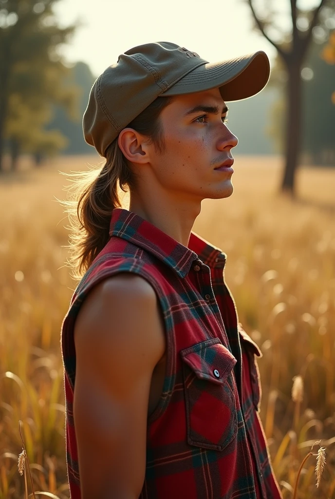 Realistic Portrait, Skinny redneck young man, ponytail, cap, red plaid sleeveless shirt, outdoors,