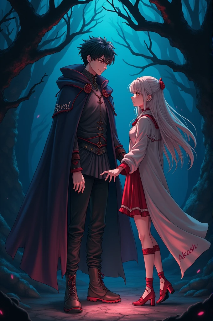 Give me a image of a evil anime boy who wearing a cloth which is written Payal ,who holding hand of a anime girl who wearing a cloth which is written Akash
