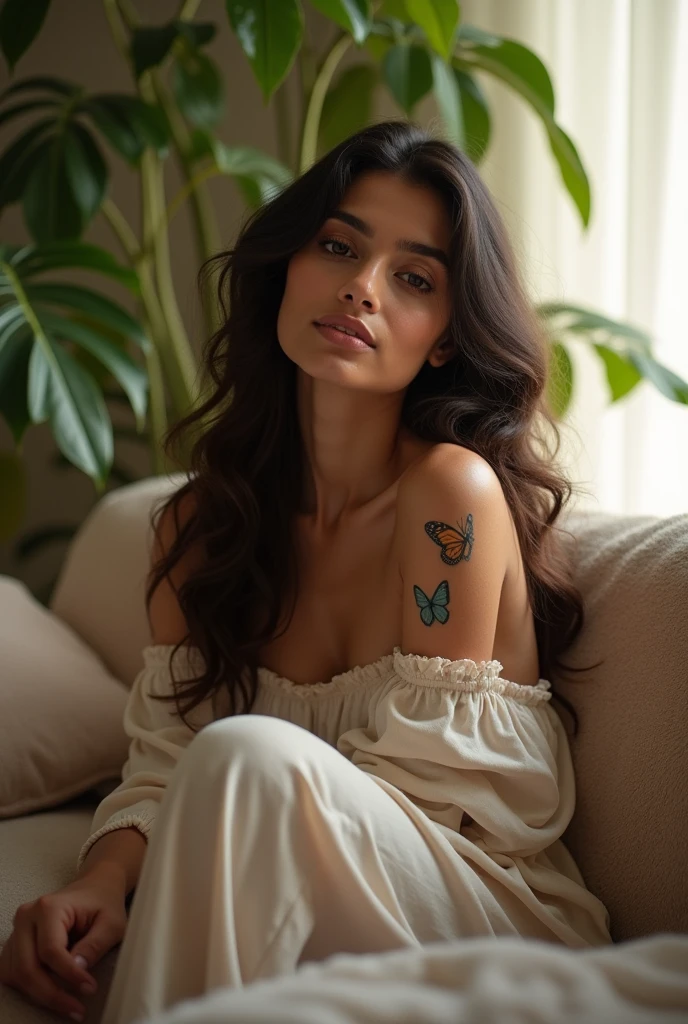 beautiful indian woman, sitting on sofa, wearing loose off-shoulder top, pajama pants, long curly hair, indoors, soft lighting, plants in background, window with sunlight, cozy room, relaxed pose, realistic, intricate details, warm colors, and butterfly tattoo on side neck