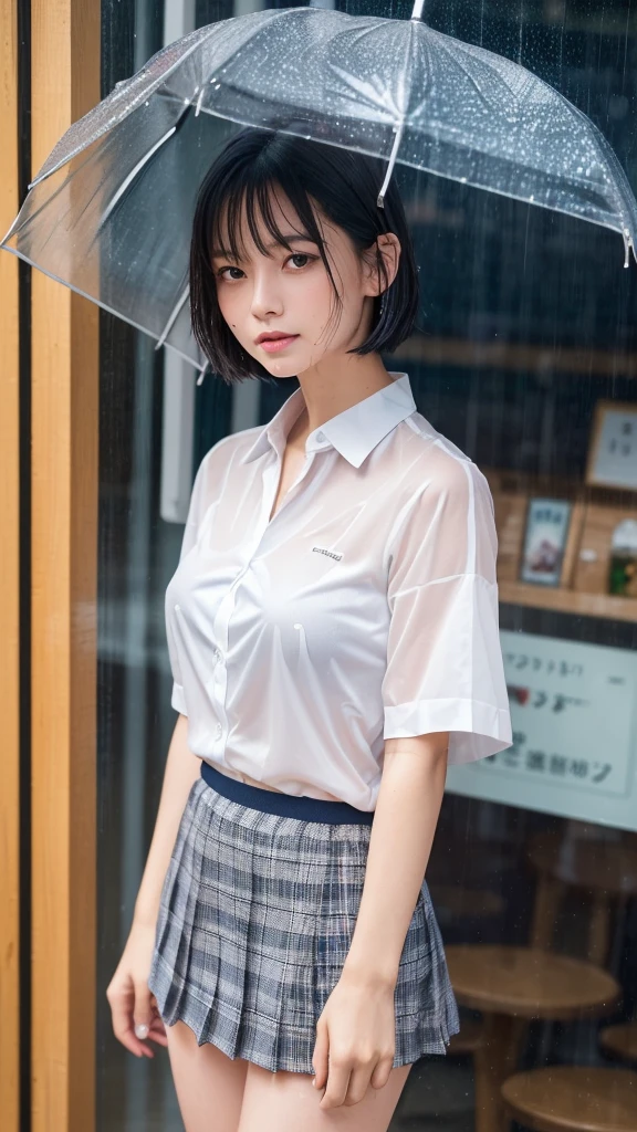 (8k, Photorealistic, Raw photo, Highest quality: 1.4),Japanese idol-style beautiful girl,1 person,(Short Bob),(Black),She has her hair tucked behind her ears,(Raindrops dripping from hair: 1.1),Clear grey eyes,Eyes moist,Long eyelashes,(piercings(small)),(Lip gloss),lips(Plump,glossy),Skin that is as white and smooth as translucent porcelain,Thin and delicate shoulders,thin abdomen,(Open-collar shirt(White,Short sleeve)),(bra(Pink)),(Pleated skirt(Plaid)),(socks(Dark Navy)),(loafers(Black)),summer,On the way home from school,(It is raining suddenly),(Taking shelter under the awning of a cafe),(Soaked from head to toe),(Shirt wet and clinging to skin, translucent),(Raindrops are dripping down her chest.),(Stand with your feet together),(She looks out at the rainy street),(A cafe window as a backdrop),(A view from across the street, from her perspective),(Medium-range shooting),(Snap a full body shot)