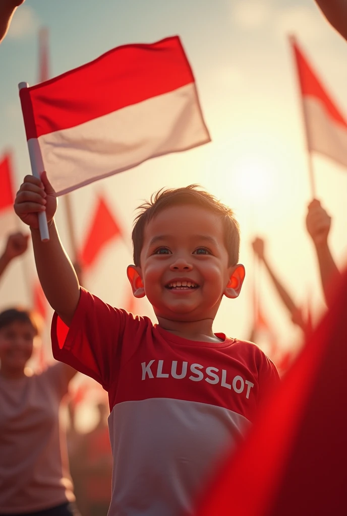 a small child holding an Indonesian flag, detailed illustration, vibrant colors, Indonesian independence celebration banner, KLUBSLOT written on shirt, intricate details, digital painting, highly detailed, cinematic lighting, photorealistic, 8k, HDR, professional illustration, masterpiece