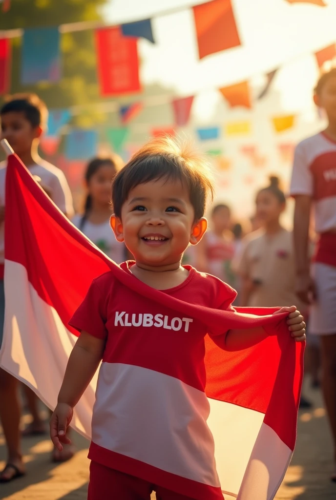 a  holding an Indonesian flag, detailed illustration, vibrant colors, Indonesian independence celebration banner, KLUBSLOT written on shirt, intricate details, digital painting, highly detailed, cinematic lighting, photorealistic, 8k, HDR, professional illustration, masterpiece