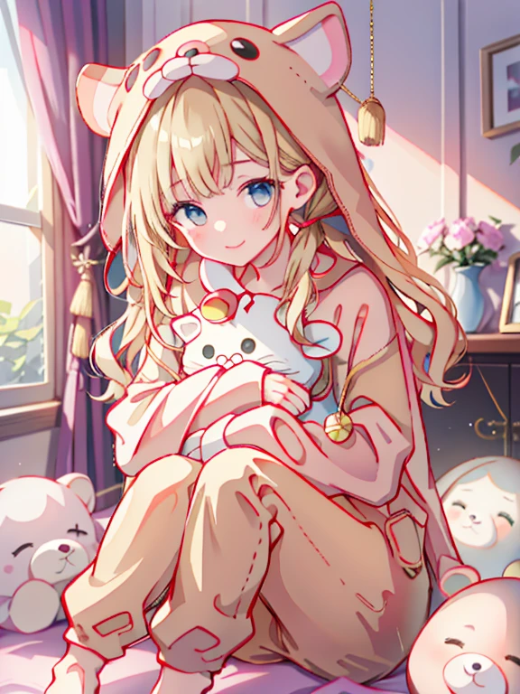 Highest quality、Ultra-high resolution、Highly detailed face、Eye highlights、A girl of about twelve, still with a touch of childishness、Long wavy blonde hair、Costume pajamas、Hug a stuffed toy、smile、Innocent expression、indoor