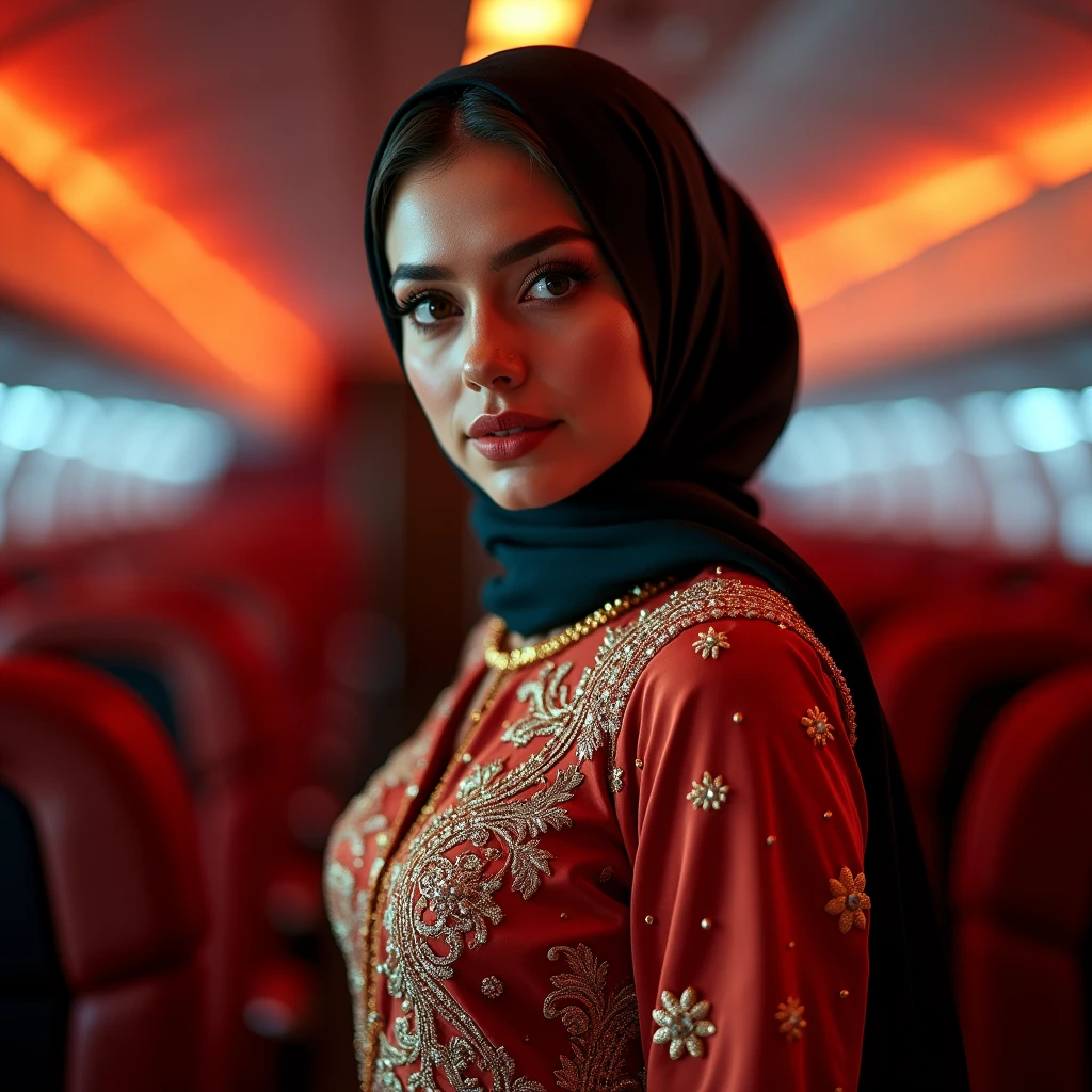 beautiful detailed eyes, beautiful detailed lips, extremely detailed eyes and face, longeyelashes, 1girl, hijab, traditional pakistani dress, tight dress, waist chain, busty, big breasts, sexy, beautiful, muslim, airhostess, (best quality,4k,8k,highres,masterpiece:1.2),ultra-detailed,(realistic,photorealistic,photo-realistic:1.37), high fashion, glamour, cinematic lighting, intricate details, vivid colors, dramatic pose, elegant, graceful