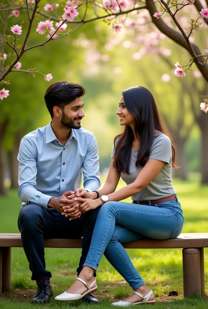 1 man and 1 girl , indian male  and female of age 28, photo, realistic, male wearing shirt pant formal and formal shoes and female wearing tshirt jeans, best quality, sitting in graden on bench , flowers and trees in garden, they both are talking and looking at each other in love. A little distance in between them as they are friends turning into relationship.

