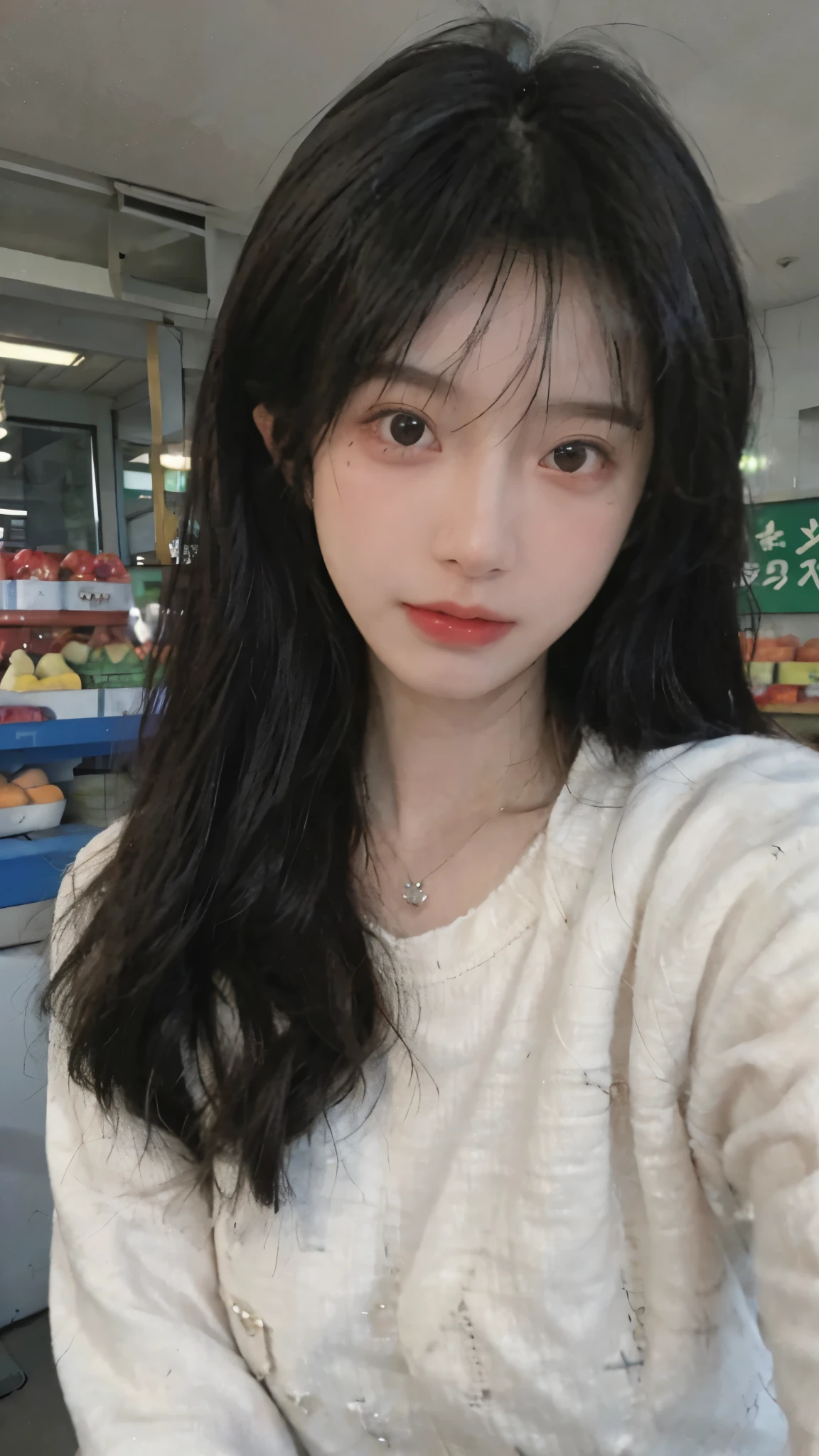 Best quality，Ultra-high resolution,(Realism:1.4)，Cute hairpins，girll,Cropped black sweater，Look directly at the audience，Full of atmosphere，Beautiful woman with a slim figure:1.4，supermarket，whole body，Super delicate face，Exquisite eyes，Double eyelids，necklace