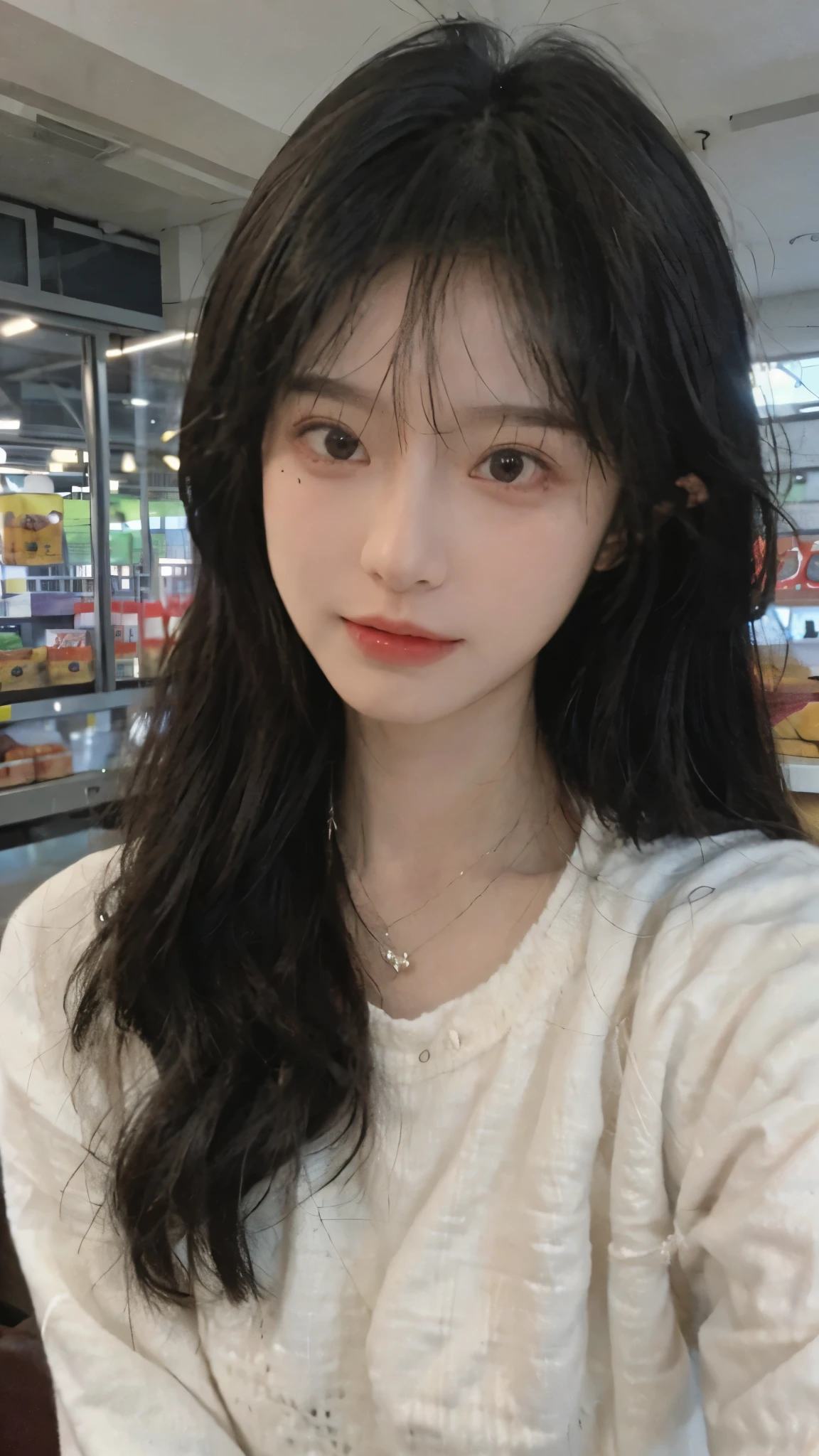 Best quality,Ultra-high resolution,(Realism:1.4),Cute hairpins,girll,Cropped black sweater,Look directly at the audience,Full of atmosphere,Beautiful woman with a slim figure:1.4,supermarket,whole body,Super delicate face,Exquisite eyes,Double eyelids,necklace