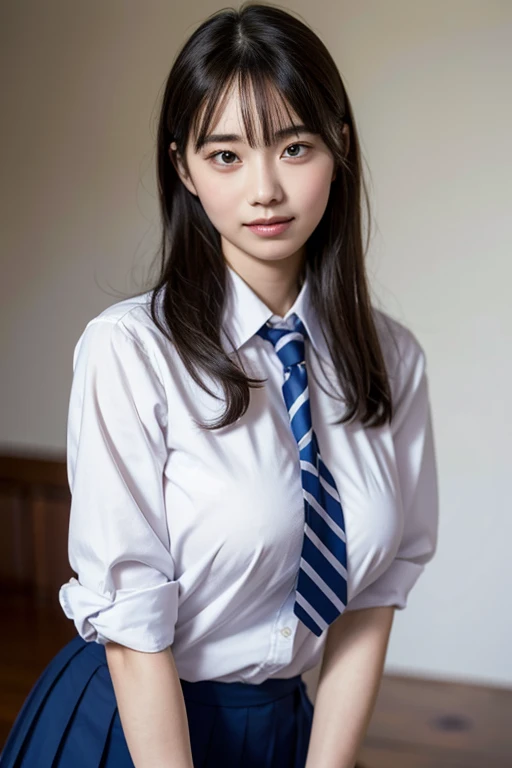 bangs,(Large Breasts:1.2),(Highest quality,masterpiece:1.2),One person,One person,alone,Fair skin,8k,Ultra-high resolution,Super detailed,Highest quality,Perfect lighting,flat light,super high quality,Ultra-high resolution,masterpiece,Realistic,Detailed face,Perfect Anatomy,School,school uniform、Slender body、Young face、smile、Sweating、Flushed Cheeks、whole body、完璧なブレザーのschool uniformを着てください、Beautiful feet、Variety of poses