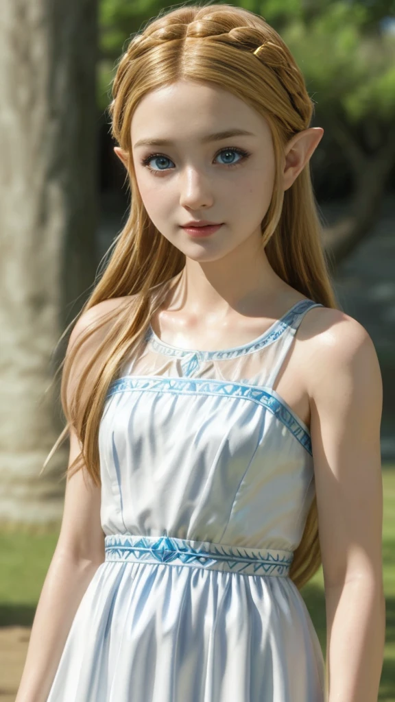 Princes Zelda, blue eyes, (best qualityer, ultra detail), (realisitic:1.37), beautiful and detailed face, ultra-realisitic texture, Exquisite face, Delicate body, red lipgloss stick, shiny colors. High definition, 8k. expression with a slight cute smile