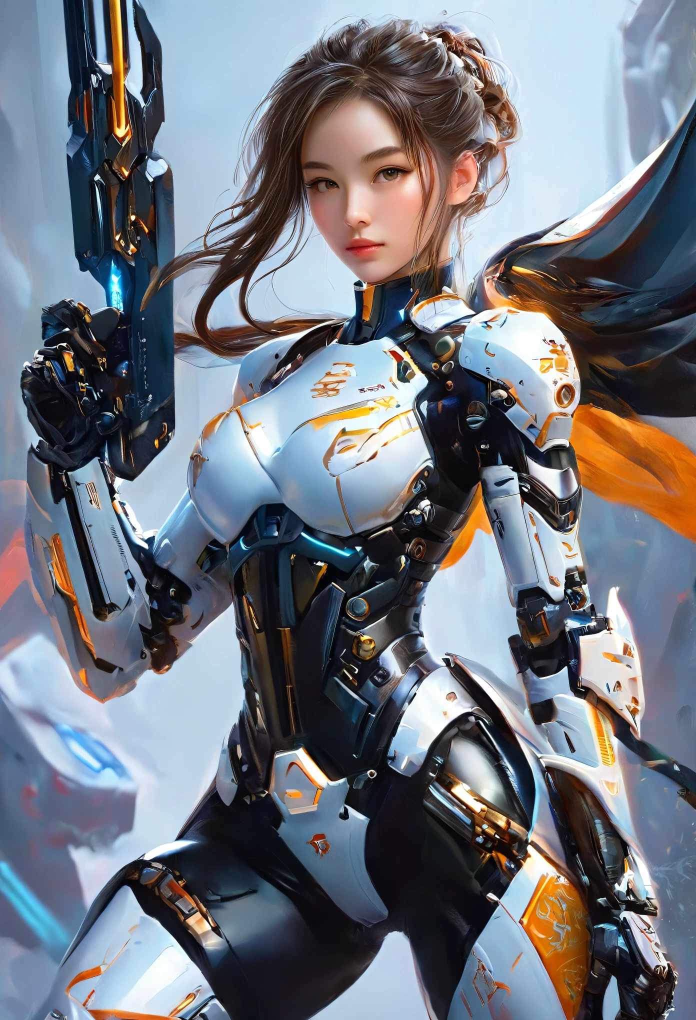 A woman in futuristic clothing holding a futuristic sword, Trending on cgstation, Trending on cgstation, (Portrait of a girl in the Knights of the Zodiac:1.4), Cute Cyborg Girl, Perfect android girl, Portrait Astronaut Girl, Beautiful girl cyborg, Girl wearing black mechanical cyber armor, Game CG, cgsociety と fenghua zhong, Beautiful Cyborg Shrine Maiden