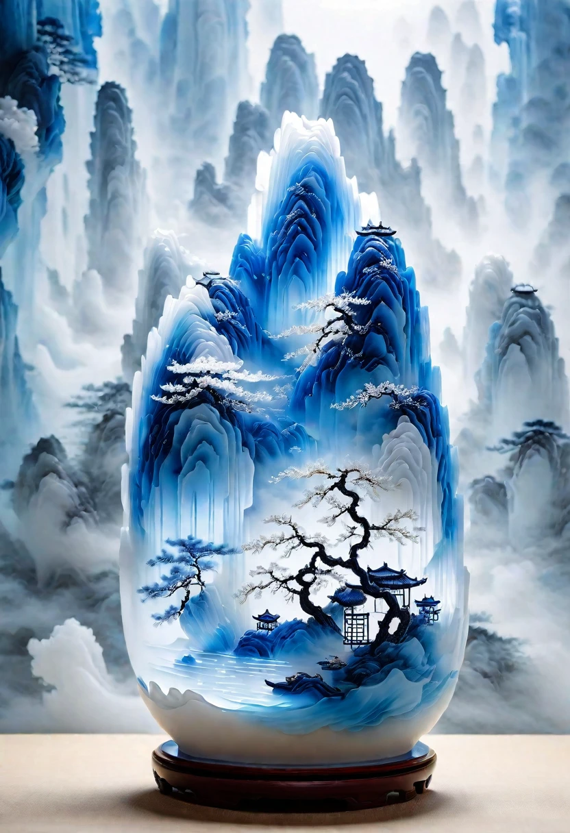 Micro landscape pattern carved on blue and white porcelain vase，Translucent glass material,Blue-white gradient,Traditional Chinese landscape painting,Abstract shapes,Minimalism,cave，3d。water vapor，White mist，Thick fog，