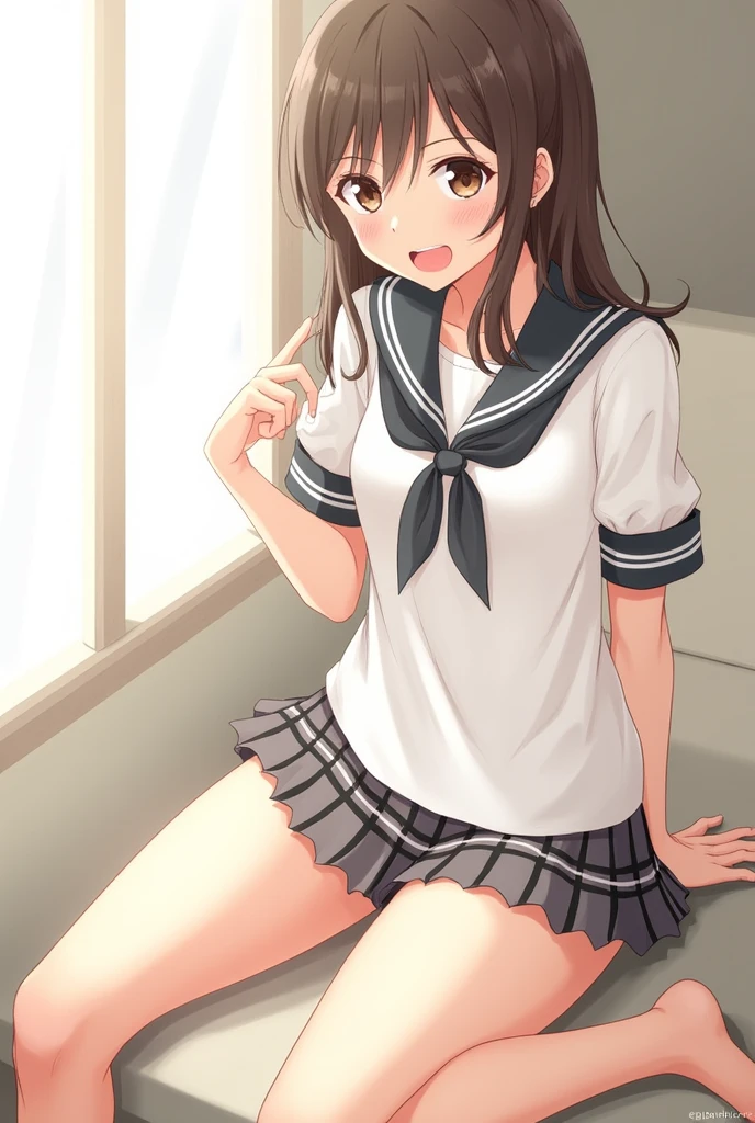 girl、The exact number of fingers、Exact number of legs、Exact number of arms、bangs, long hair,headband, brown hair, (blush:1), (Put one hand in your panties:1.8), fingering, (pussy juice:1.2), cum in mouth, 、navy blue blazer uniform、high socks, (Underwear with elaborate and luxurious decorations:1.3), Ribbon at collar., (White and pink striped girls panties:1.3), white lace bra:1.2), cute underwear,on the bed, The skirt is rolled up, highly detailed face, dim lighting, Very detailed CG, (perfect hands, perfect anatomy),embarrassed look、sing, singer, smile, open mouth、look up、climax、whole body, M-shaped spread legs