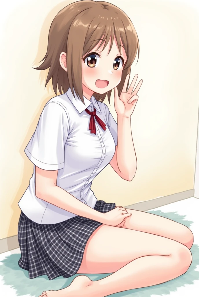 masterpiece、High resolution、Japanese、、short、Please sit down、Show me your underwear、Cute light panties((school uniform、blouse、Check skirt))Spread your legs obscenely、Panties are digging in、Young Face、I&#39;m looking forward to、ばだけたblouseから見える胸