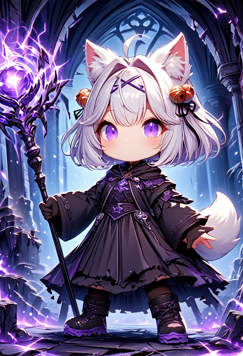 master piece, best quality, ultra-detailed, illustration, midnight, battlefield, gloomy atmosphere, broken castle, broken walls, ruins, purple flames, purple lightning, 1girl, solo, chibi, (big head), cute pose, front view, looking at viewer, ((full body Close up)), chubby, fat, filian, filianoverall, Filiansailor, ((white hair)) , short hair, shoulder length hair, fly-away hair, bangs, hairclip, purple hair ornament, cat ears, (hair bell:1.3) ahoge, purple eyes, closed mouth, smiling, (white fox tail), (black tattered robe), long gown, black arm sleeves, (black gloves) , wielding orbstaff, black stockings, black boots