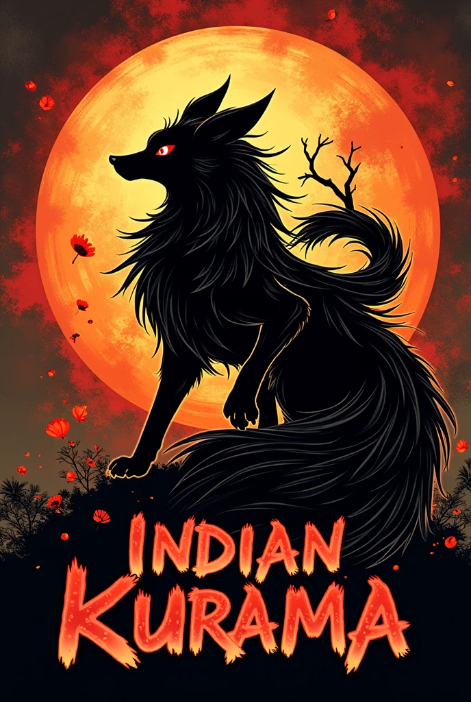 Generate a gaming logo for my gaming yt channel name "INDIAN KURAMA" and logo must be carry a nine tails image from Naruto but the fox must be black and have nine tails