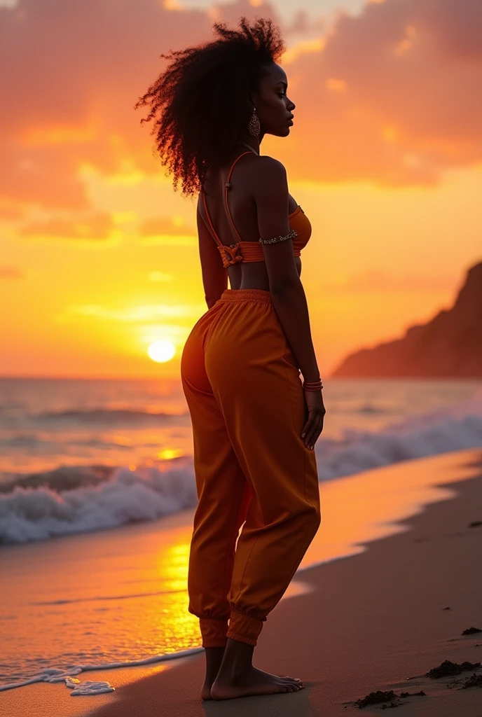 africaine a la plage,soleil couchant,le regard face