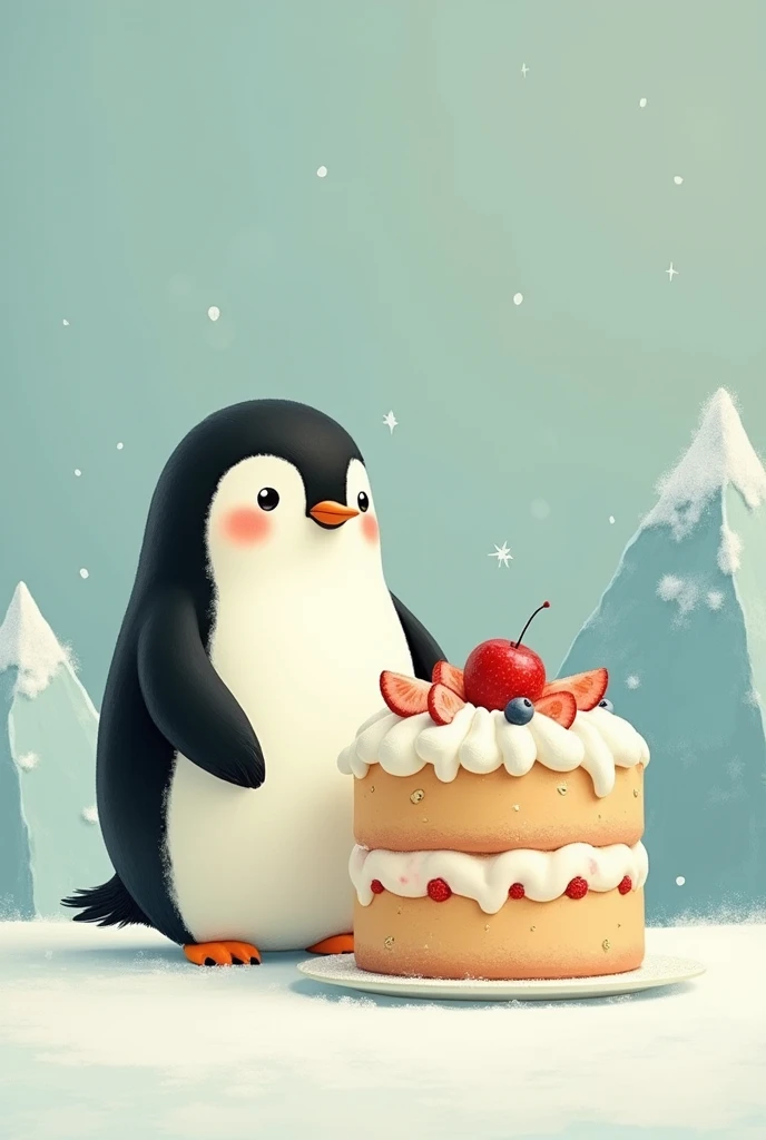 Artwork in the style of Leo Lionni、penguin、Dull color、Pudding、cake