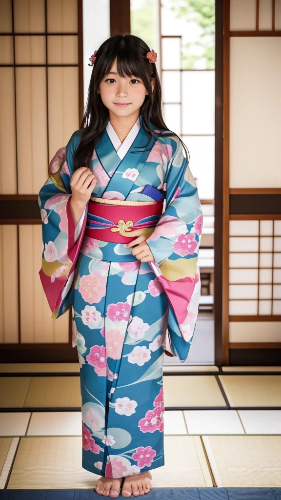 Perfect body,(1人のPerfect body),(The bra strap is showing.),(Japanese 6th grade girl),(Wearing a Japanese kimono:1.5),((Open-legged position)),