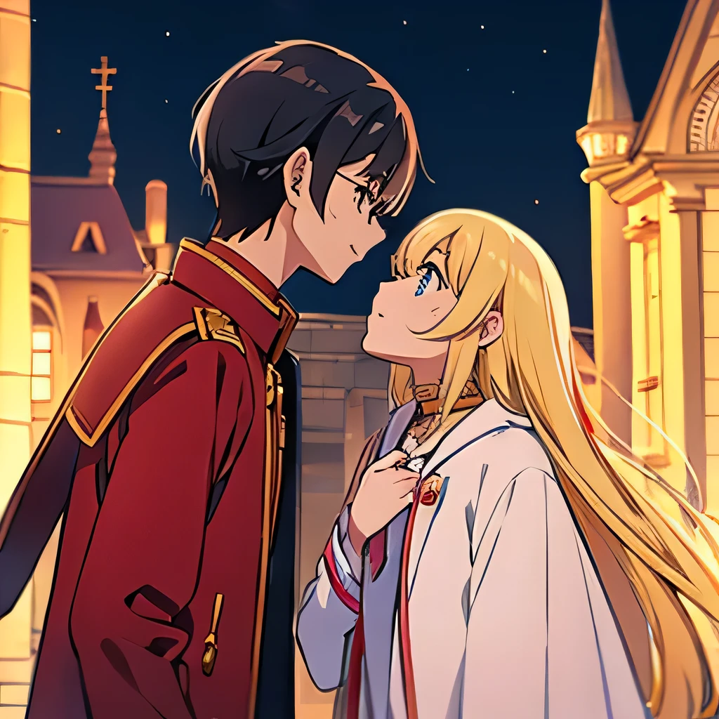 1 boy with black hair, Red jacket and glasses romantically kissing a girl with blonde hair and blue eyes, white dress using a gold choker with a red crystal. Church at night in the background., True love, blushing cheeks, high quality 