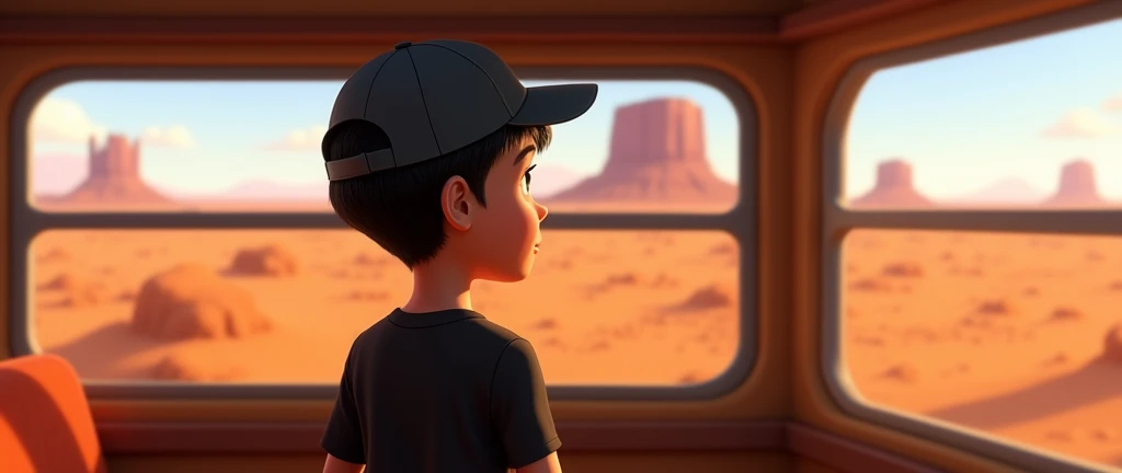 ( male character) a young boy animated film in the Disney Pixar style, high qualiy, best quality , pretty face dark skin, short and straight hair , beautiful eyebrow , wears black shirt , He's wearing a cap backwards on his head, He's inside a bus, sitting and looking at the desert landscape through the window