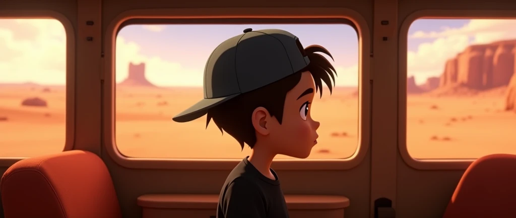 ( male character) a young boy animated film in the Disney Pixar style, high qualiy, best quality , pretty face dark skin, short and straight hair , beautiful eyebrow , wears black shirt , He's wearing a cap backwards on his head, He's inside a bus, sitting and looking at the desert landscape through the window