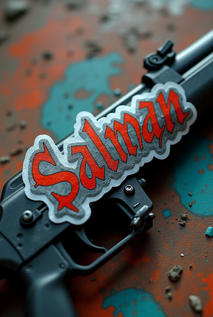 A sticker of Salman's name on top of an AK 47