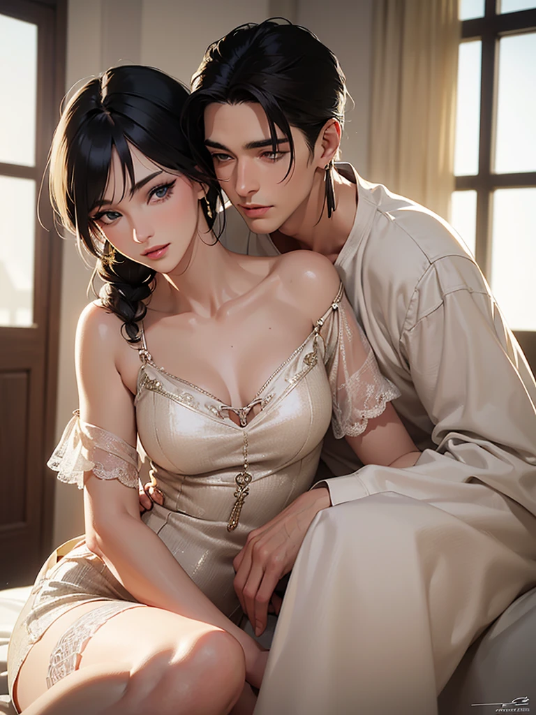 masterpiece, Absurd, highest quality ,Intricate details , (Shiny skin, Shiny body, Shiny skin, Shiny Hair), (absurdres, ultra detailed), detailed face, perfect face, perfect lines, perfect eyes, enlarged textures, detailed eyes, hetero, 1woman, (beautiful, mature woman, (( blond hair)), green eye, ((pixie cut)),((parted bangs)),25 years old, slender body, fishtail, Bullish gaze), (Fishtail, Her hair is tied with a red ribbon), Soft and dreamy light, Pale white light, Transparent, Face in perfect detail, Perfectly detailed by hand, Neutral face, Charm, Beauty, Long eyelashes, Earrings, mature, garter belt, ((flat chest)), 1boy, ((messy hair, (black hair's guy), slant eyes, A man in his 20s with a cool expression, Handsome, tall muscular guy), on bed, looking away, window, (hug from front:1.1), smile, happiness, sitting on lap, A woman is grabbing a man's neck, upright straddle, summer dress, tomboy, (head shot:1.2)