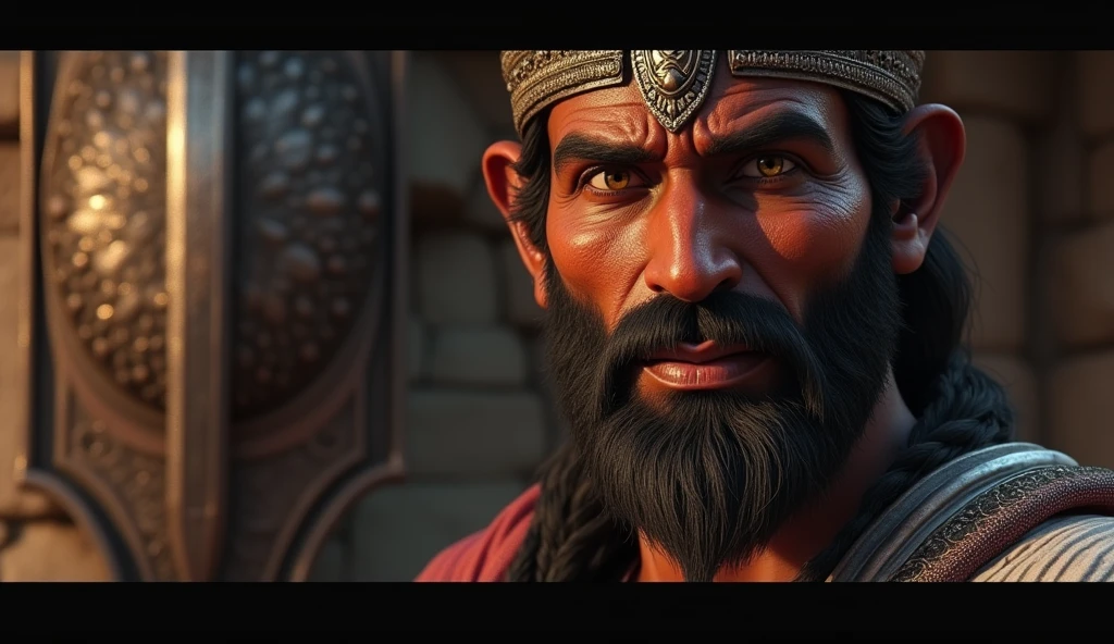 A close-up of Maharana Pratap's face, showing the signs of illness and age, yet his eyes are full of fire and determination. In the background, his sword and shield hang on the wall, symbolizing his lifelong struggle and unwavering commitment to his kingdom in 3 d animation style
