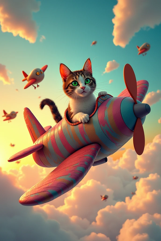 Plane made of shoes and cat operating that plane