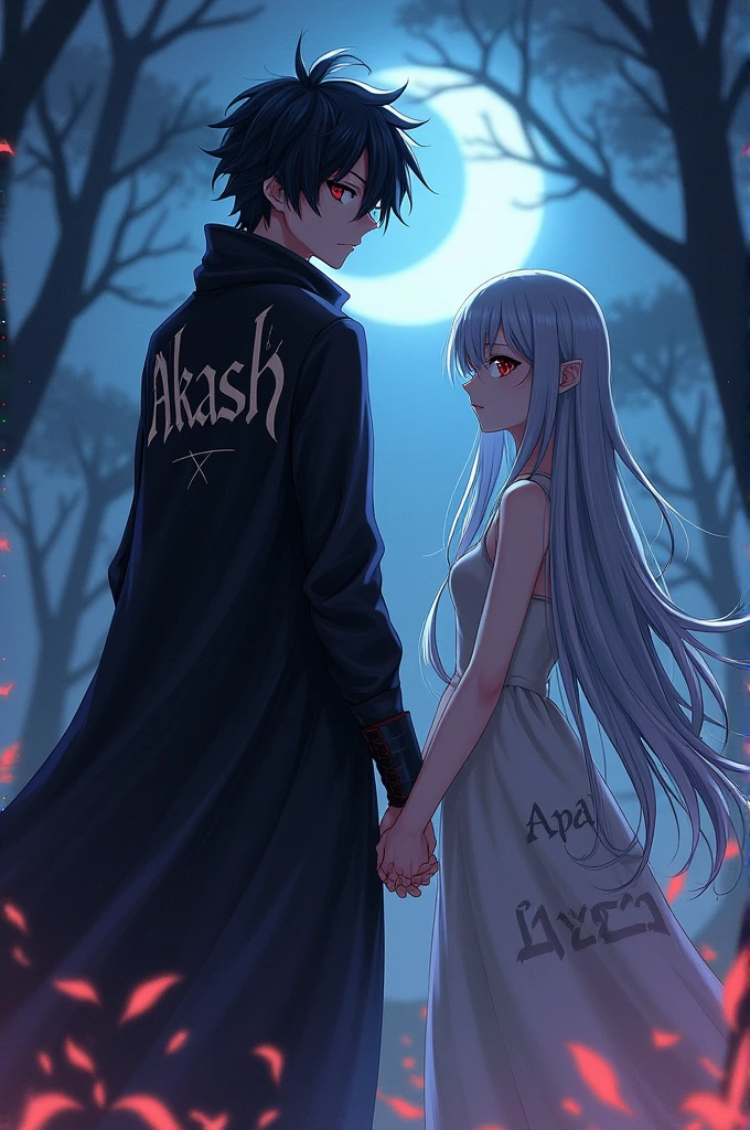 Give me a image of a evil anime boy who wearing a cloth which is written Akash,who holding hand of a anime girl who wearing a cloth which is written Payal