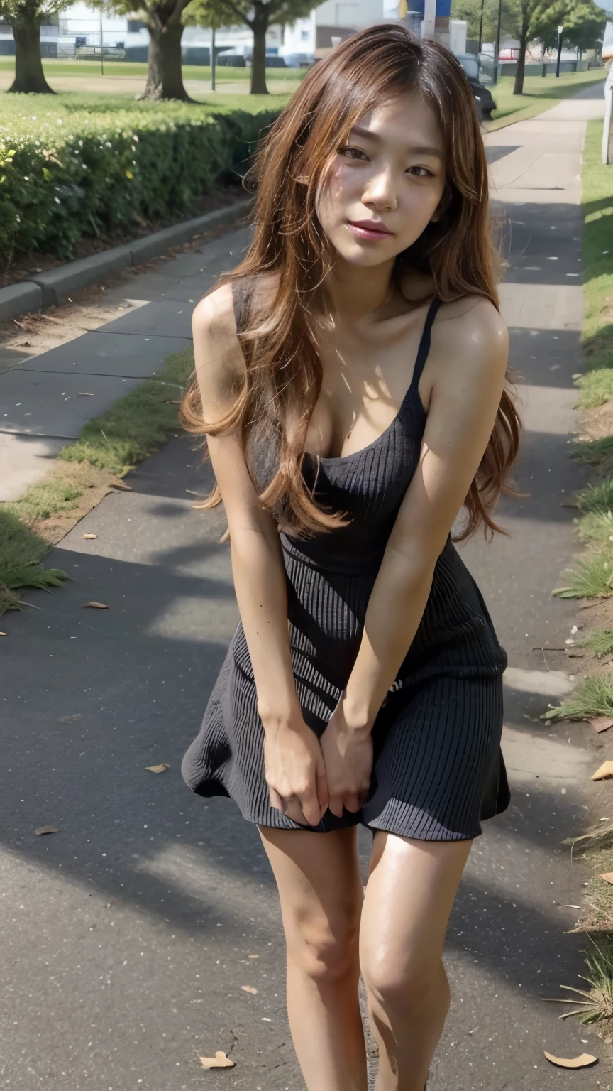 A gal bending over in a park in Tokyo、the wind is strong、(Realistic、Like a photograph、Live Action、8k, Realistic, RAW Photos, Best image quality: 1.4), Single-lens reflex camera、RAW Photos, Highest quality, Realistic, Highly detailed CG Unity 8k wallpaper, Written boundary depth, Cinematic Light, Lens flare, Ray Tracing, Realistic background、(Black tight dress:1.4、Small breasts、Breast flash)、((Golden inner color hair:1.1))、cute japanese gal、((whole body:1.5))、(Long Hair:1.2、My hair is blowing in the wind:1.5)、I like that style、stylish、Very detailed、Pay attention to the details、Perfect outfit、(Sunburned skin)、Beautiful legs:1.1、View from above、Accurate Arm、meet in the park