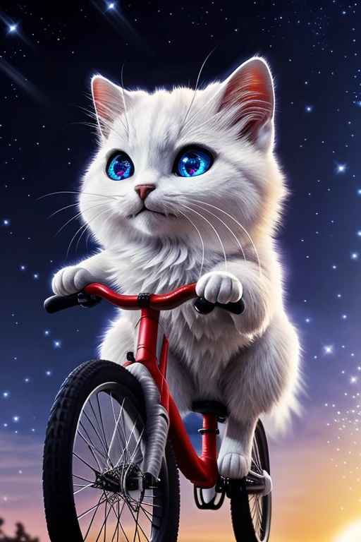 (Highest quality、masterpiece、8k))、Anatomically correct、Very detailed、High resolution、Cinematic lighting、Realistic、((Beautiful, sparkling, detailed eyes))、Intricate details、((Dynamic composition))、A white kitten and a black kitten riding a bicycle、Big head、Flying Bicycle、Full night sky、full moon、silhouette