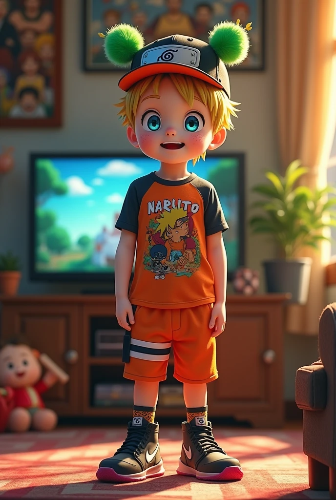 Person with a height of 152 cm, White skin, Russian nationality, Naruto T-shirt, шорты lebron james 23, Nike Kyrie 7 sneakers, Naruto socks, Loves watching One Piece and Naruto anime, He also has a cap with the inscription One Piece and two large green ears, Small lightning bolts emanate from his two eyes